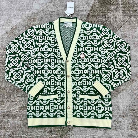 casablanca Other - Casablanca Green & Cream Geometric V-Neck Cardigan Sweater